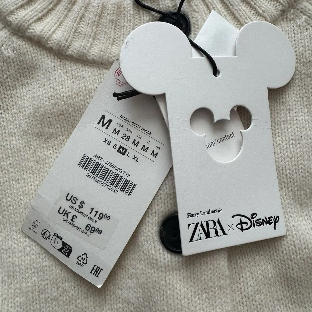 NWT Zara Harry Lambert Disney Daisy Duck Wool Blend Cardigan Sweater M Cream